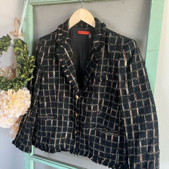 Alice + Olivia Black Tweed Frayed Metallic Detail Button Down Blazer Jacket Lg - Picture 2 of 8